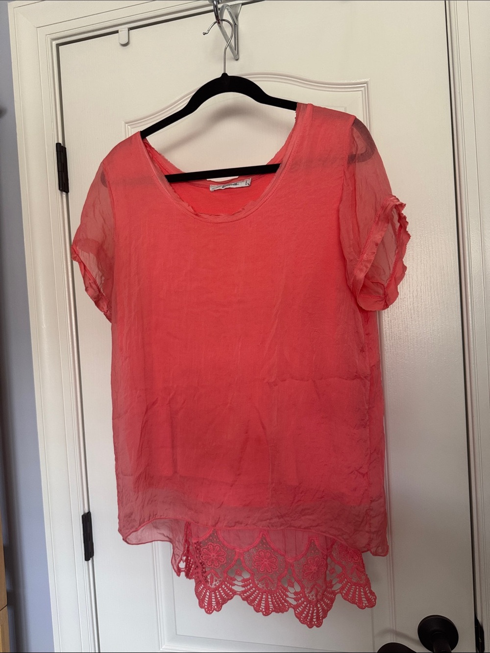 Nicole Coral Sheer Short-Sleeve Blouse with Lace Hem
